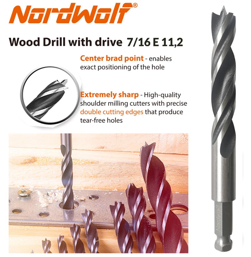 NordWolf 3/4"" Brad Point Wood Drill Bit, Double Flutes Design with 7/16"" Hex Shank for Drills & Impact Drivers - Image 3